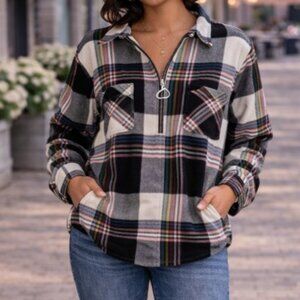 Tommy Hilfiger Plaid Zip-Up Popover Long Sleeve  Multicolor Plaid Shirt Small